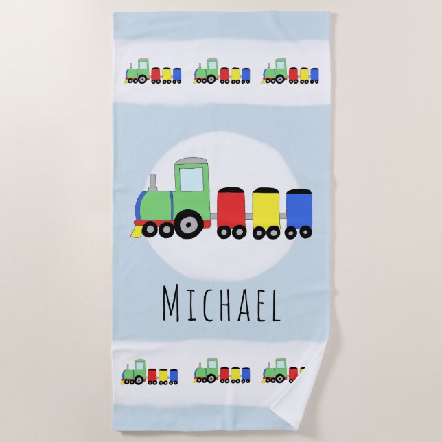  Boys Cute Blue Colourful Train Kids Beach Towel (Front)