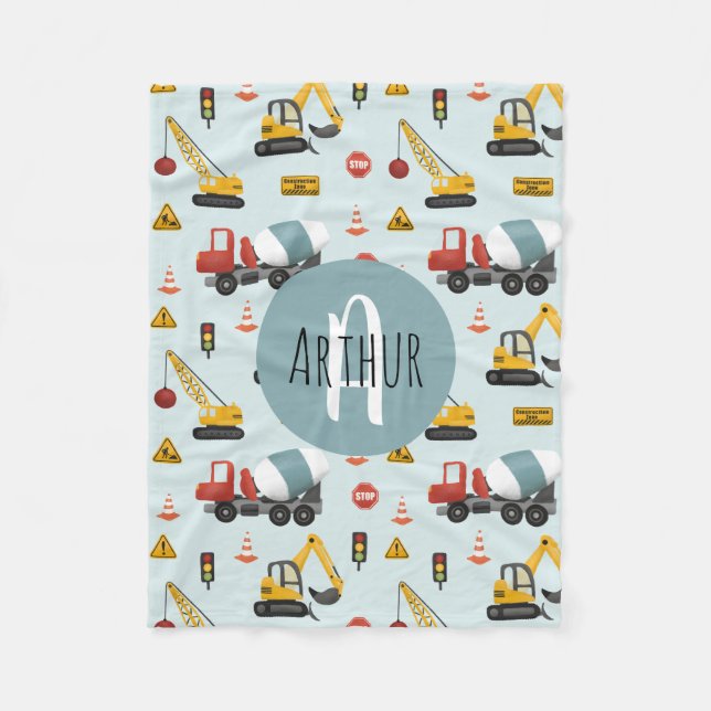 Boys Cute Blue Digger Construction Pattern Fleece Blanket (Front)