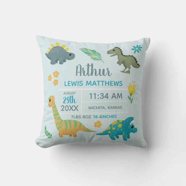 Boys Cute Blue Dinosaur Birth Stats Baby Nursery T Throw Pillow (Front)