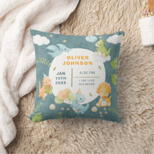 Boys Cute Blue Dinosaur Birth Stats Baby Nursery Throw Pillow