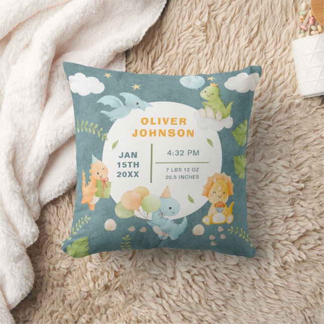 Boys Cute Blue Dinosaur Birth Stats Baby Nursery Throw Pillow (Blanket)
