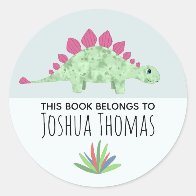 Boys Cute Blue Dinosaur Cartoon Kids Bookplate Classic Round Sticker (Front)