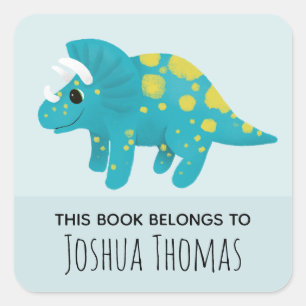 Boys Cute Blue Dinosaur Cartoon Kids Bookplate Square Sticker