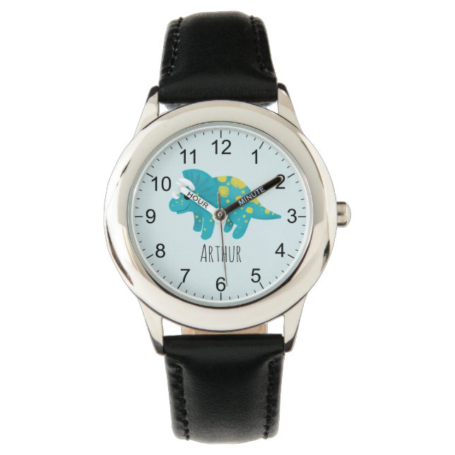 Boys Cute Blue Dinosaur Cartoon & Name Kids Watch (Front)