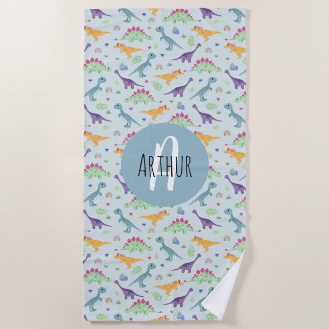Boys Cute Blue Dinosaur Pattern Kids Beach Towel (Front)