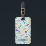 Boys Cute Blue Dinosaur Pattern Name Kids Luggage Tag<br><div class="desc">This cute and trendy kids luggage tag features a dinosaur cartoon pattern, with a t-rex, stegosaurus, rainbows and jurassic jungle plants, and can be personalized with your boys name and contact details. The perfect blue jurassic dinosaur themed gift for your baby, toddler or child's first trip. Check out our collection...</div>