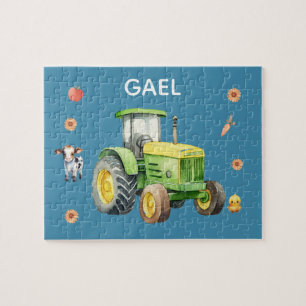 Boys Cute Blue Farm Tractor and Name Kids Jigsaw Puzzle