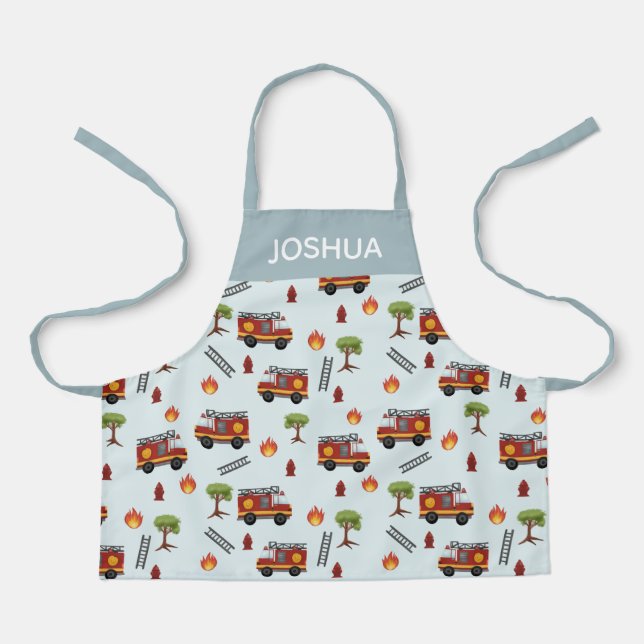 Boys Cute Blue Fire Truck Transport Pattern Kids Apron (Front)