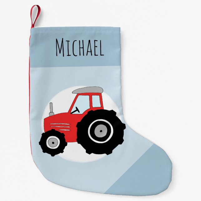 Boys Cute Blue Fun Farm Tractor Cartoon and Name Small Christmas Stocking (Front)