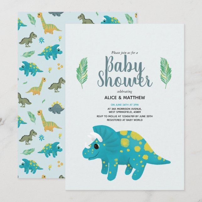 Boys Cute Blue Jungle T-Rex Dinosaur Baby Shower Invitation (Front/Back)