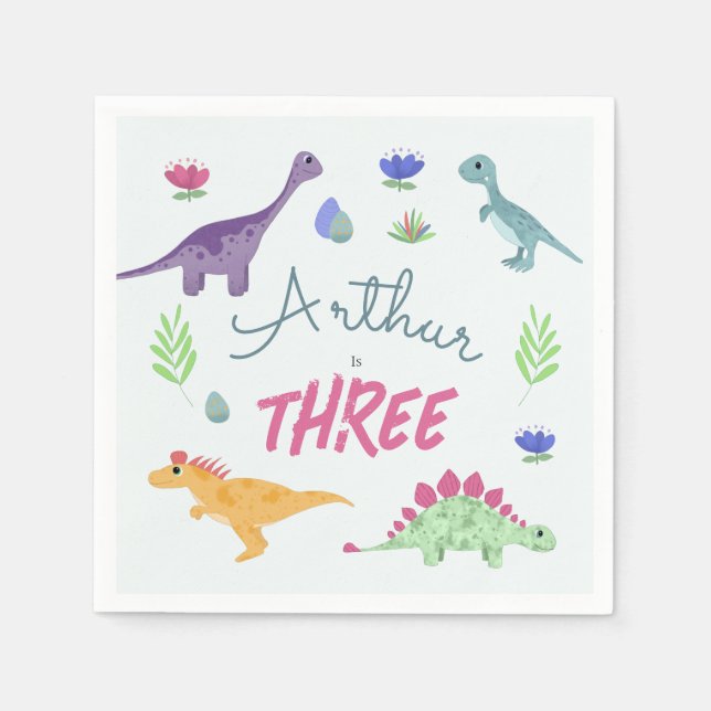 Boys Cute Blue Jungle T-Rex Dinosaur Birthday Napkin (Front)