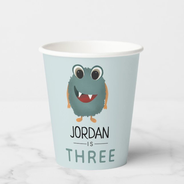 Boys Cute Blue Monster Alien Birthday Paper Cups (Front)