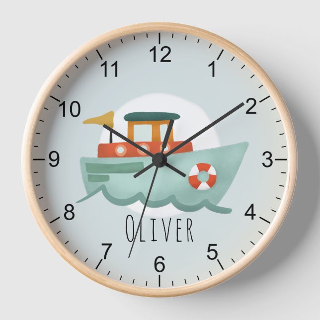  Boys Cute Blue Nautical Ocean Boat Baby Nursery Clock (Front)