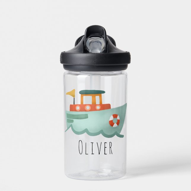  Boys Cute Blue Nautical Ocean Boat Kids School Water Bottle (Front)