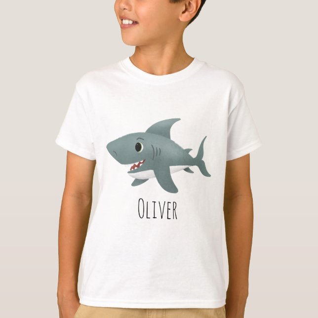 Boys Cute Blue Ocean Shark Cartoon T-Shirt (Front)