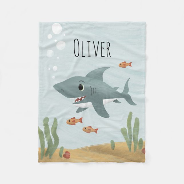 Boys Cute Blue Ocean Shark Kids Fleece Blanket (Front)