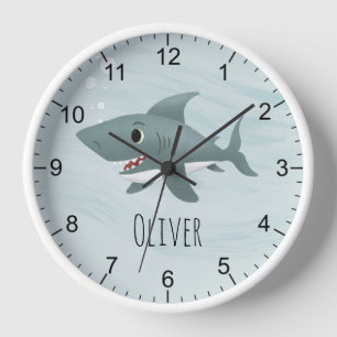 Boys Cute Blue Ocean Shark Kids Nursery Clock