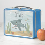 Boys Cute Blue Ocean Shark Kids School Metal Lunch Box<br><div class="desc">This cute and modern kids school lunch box design features a blue shark cartoon, with bubbles, fish, and waves, and can be personalized with your boys name. The perfect ocean-themed addition to your child’s school supplies!</div>