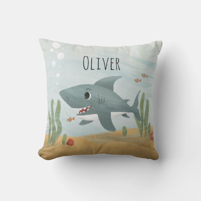 Boys Cute Blue Ocean Shark Kids Throw Pillow (Front)