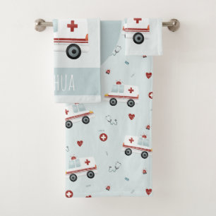 Boys Cute Blue Paramedic Ambulance Pattern Kids Bath Towel Set
