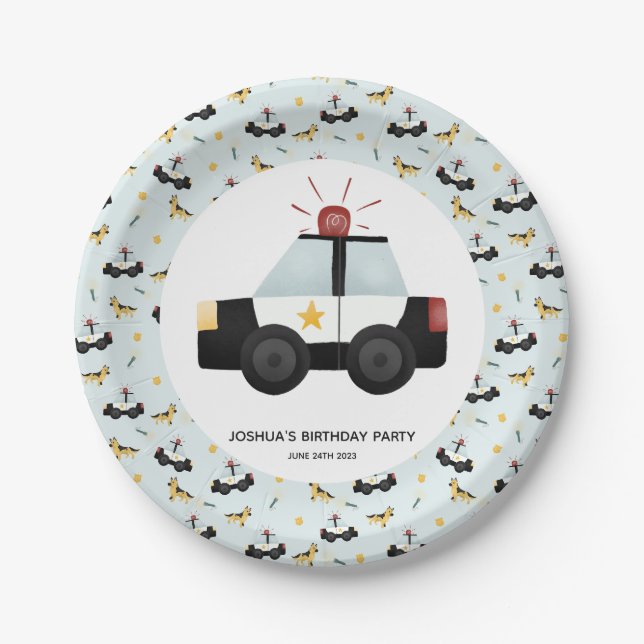 Boys Cute Blue Police Car Toddler Happy Birthday Paper Plate (Front)