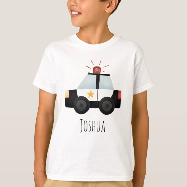 Boys Cute Blue Police Officer Badge and Car T-Shirt (Front)