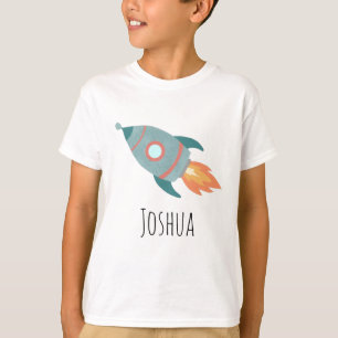 Boys Cute Blue Rocket Ship in Space and Name T-Shirt