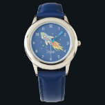 Boys Cute Blue Rocket Ship Space and Name Kids Watch<br><div class="desc">This cute kids watch features a beautiful and colourful hand drawn rocket ship in outer space. This unique blue design also features a place for you to add your boys name. With easy to read numbers,  this design is perfect for your toddler or child's first watch!</div>