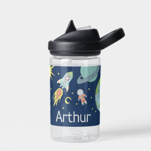 Boys Cute Blue Rocket Ship Space Kids School Water Bottle