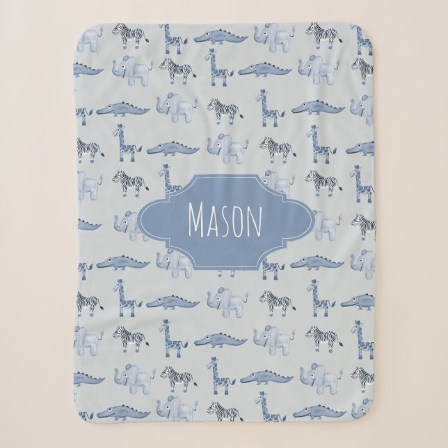 Boys Cute Blue Safari Animals Pattern Kids Sherpa Blanket (Front)