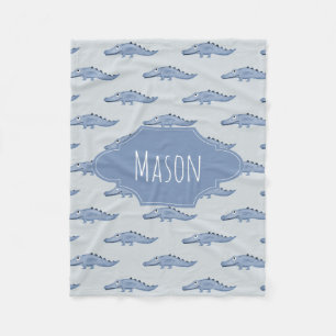 Boy's Cute Blue Safari Crocodile Pattern and Name Fleece Blanket