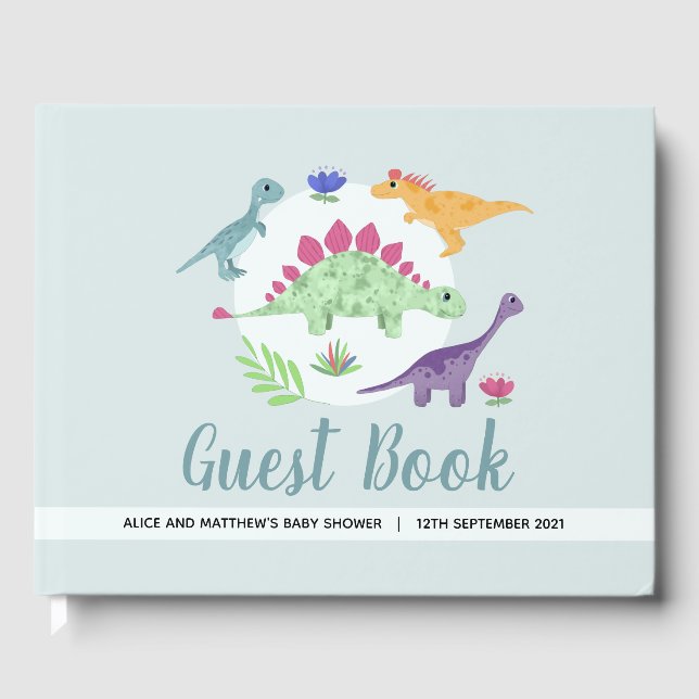 Boys Cute Blue T-Rex Dinosaur Baby Shower Guest Book (Front)