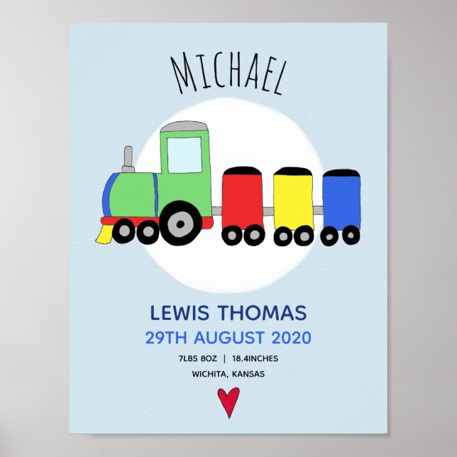 Boys Cute Blue Train Keepsake Baby Nursery Poster (Front)