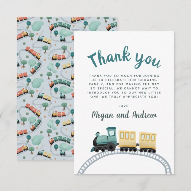 Boys Cute Blue Train Thank You Baby Shower Card (Front/Back)