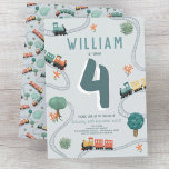 Boys Cute Blue Train Travel Kids Birthday Invitation<br><div class="desc">This cute and modern transport-themed kids birthday invitation design features a blue train travel cartoon design, with trains, tracks, and greenery. The invite can be personalized with your boys name and other details necessary for your party. The perfect travel-themed addition to your toddler or child’s birthday party. This invitation is...</div>