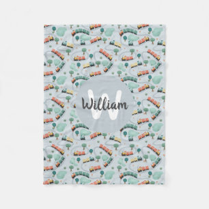 Boys Cute Blue Train Travel Monogram Pattern Kids Fleece Blanket