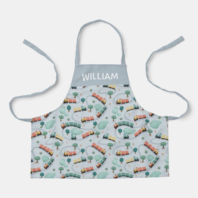 Boys Cute Blue Train Travel Pattern Kids Apron (Front)