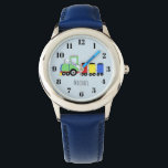 Boys Cute Blue Train with Name Kids Watch<br><div class="desc">This cute blue kids watch features colourful hand-drawn doodle locomotive train cartoon on blue,  and can be personalized with your boy's name. Perfect for train and travel loving kids!</div>