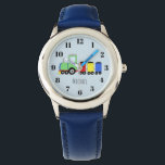 Boys Cute Blue Train with Name Kids Watch<br><div class="desc">This cute blue kids watch features colourful hand-drawn doodle locomotive train cartoon on blue,  and can be personalized with your boy's name. Perfect for train and travel loving kids!</div>