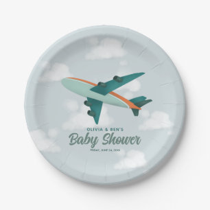 Boys Cute Blue Transport Airplane Baby Shower Paper Plate