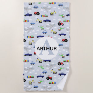 Boys Cute Blue Transport Pattern Car Name Kids Beach Towel