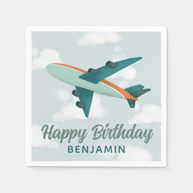 Boys Cute Blue Travel Airplane Kids Birthday Napkin (Front)