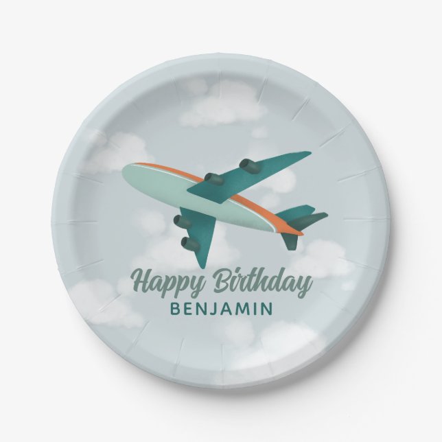 Boys Cute Blue Travel Airplane Kids Birthday Paper Plate (Front)