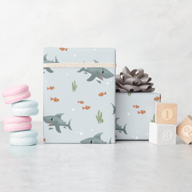 Boys Cute Blue Under the Sea Shark Kids Birthday  Wrapping Paper (Baby Shower)