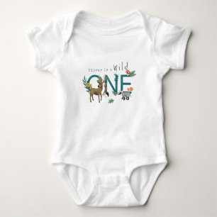 Boys Cute Blue Wild One Woodland 1st Birthday Baby Bodysuit