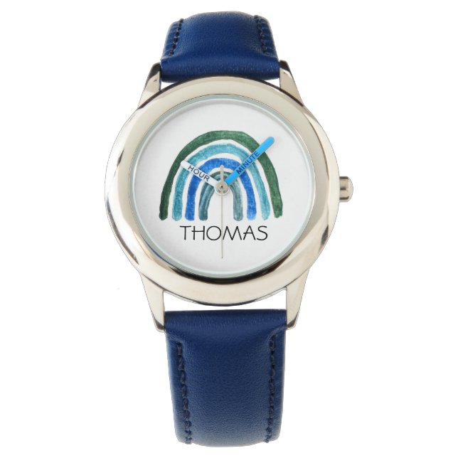 Boys Cute Boho Watercolor Rainbow and Name Blue Watch (Front)