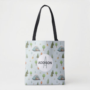 Boys Cute Camping Bear Pattern and Name Kids Tote Bag