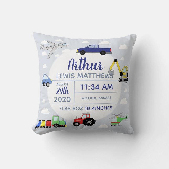 Boys Cute Car Airplane Name Baby Boy Birth Stats Throw Pillow (Front)