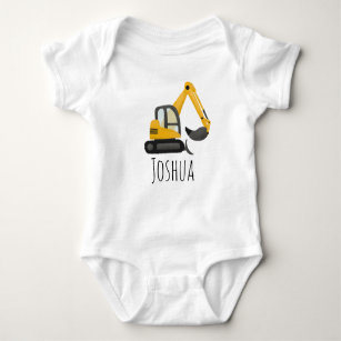 Boys Cute Construction Digger Excavator and Name Baby Bodysuit