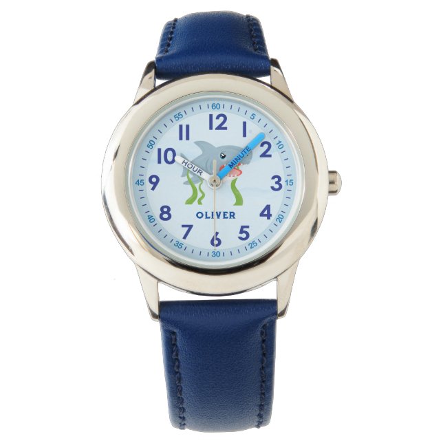 Boys Cute Custom Name Blue Ocean Shark Kids Watch (Front)